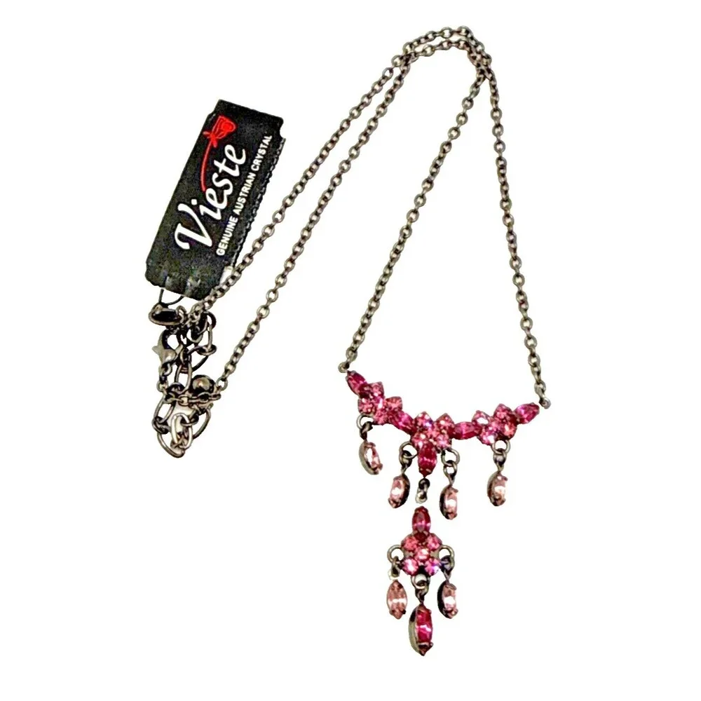 New VIESTE Pink Austrian Crystal Dangle Pendant Necklace Genuine Gems 16-18